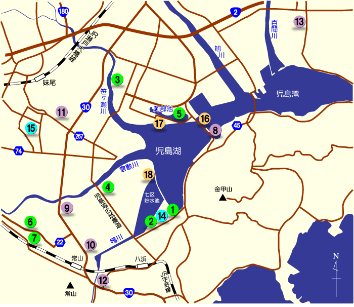 児島湖周辺の施設地図