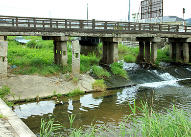 橋脚の間を勢いよく流れる川