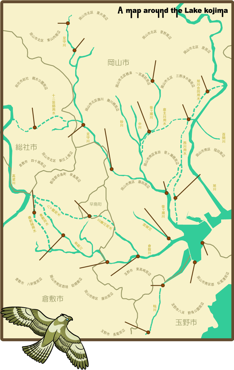 岡山市、倉敷市、玉島市、総社市、早島町が載った調査地点地図