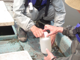 児島湖の船上で、採取した水の容器にふたをする様子
